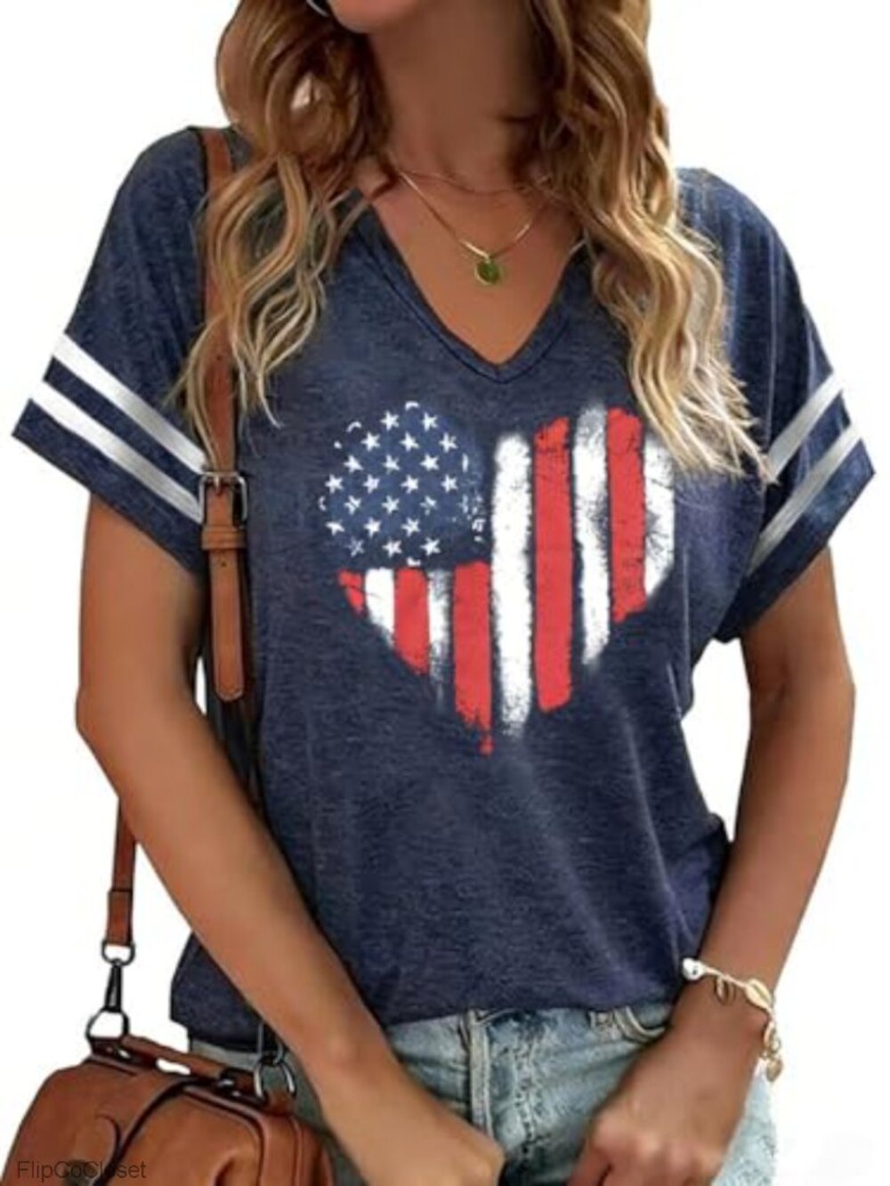 Women Patriotic V-Neck Short Sleeve T-Shirt 4th of July